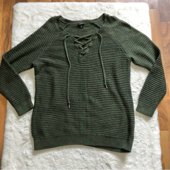 Torrid ribbed lace up sweater dk olive 0 (21” ptp) - Picture 1 of 5